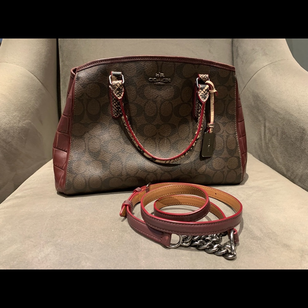 Coach oxblood and snakeskin trim & handle satchel